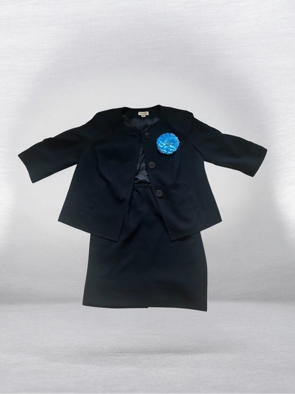Classic 3 Button Navy Skirt Suit with Removable Blue Floral Pin